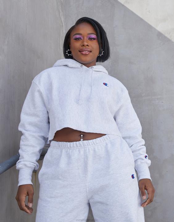 Champion ženske odrezan pulover s kapuco v vzvratnem tkanju z logotipom c 2B841043 srebrno siva