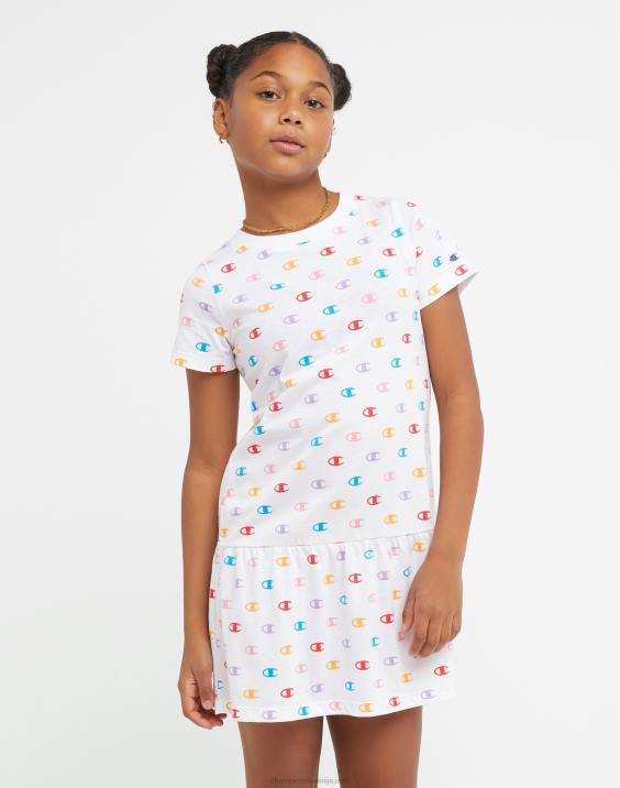 Championvelika dekliška obleka z volančki s potiskom 2B841820 majhen c aop bel