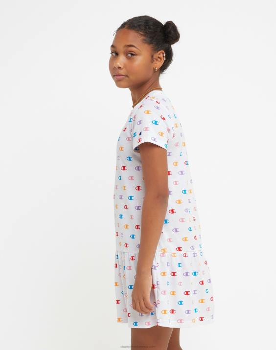 Championvelika dekliška obleka z volančki s potiskom 2B841820 majhen c aop bel