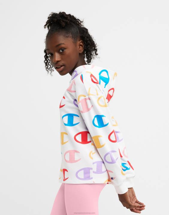 ChampionFrancoski pulover s kapuco iz frotirja za velika dekleta s klasičnim mavričnim napisom s prekrivnim c tiskom 2B841775 velik c aop bel