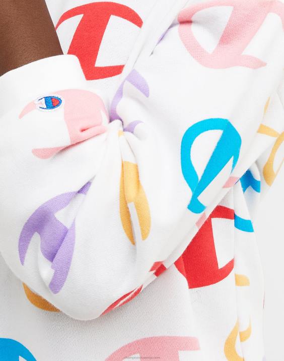 ChampionFrancoski pulover s kapuco iz frotirja za velika dekleta s klasičnim mavričnim napisom s prekrivnim c tiskom 2B841775 velik c aop bel