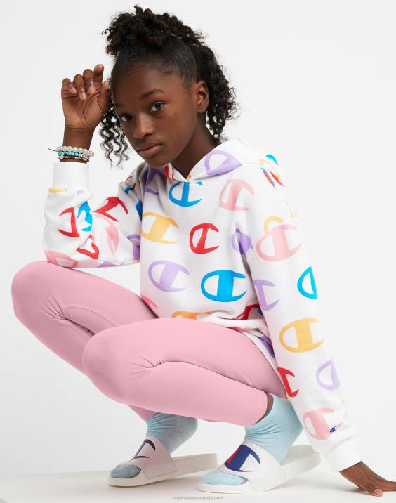 ChampionFrancoski pulover s kapuco iz frotirja za velika dekleta s klasičnim mavričnim napisom s prekrivnim c tiskom 2B841775 velik c aop bel