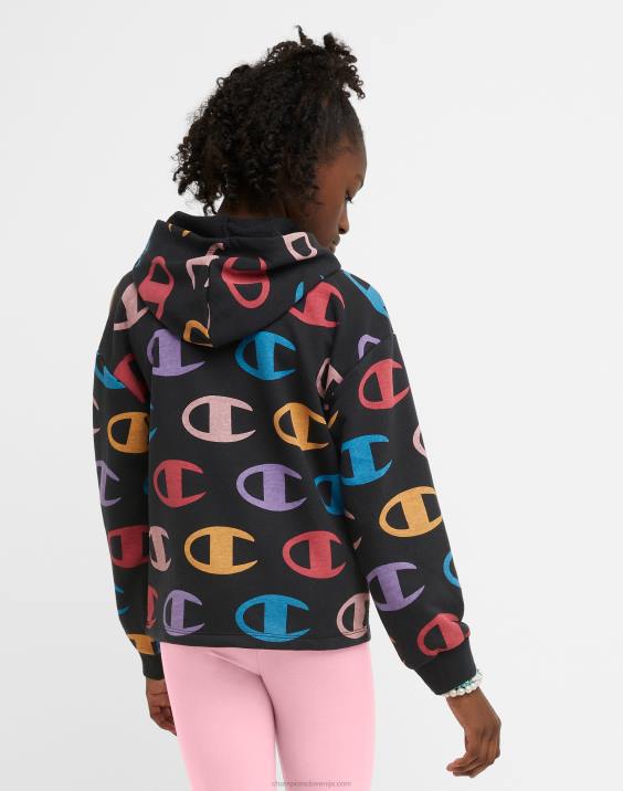 ChampionFrancoski pulover s kapuco iz frotirja za velika dekleta s klasičnim mavričnim napisom s prekrivnim c tiskom 2B841776 velik c aop črn