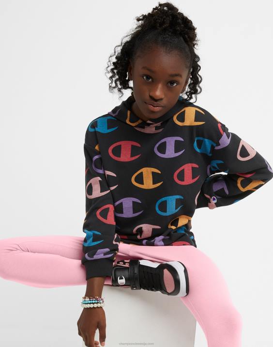 ChampionFrancoski pulover s kapuco iz frotirja za velika dekleta s klasičnim mavričnim napisom s prekrivnim c tiskom 2B841776 velik c aop črn