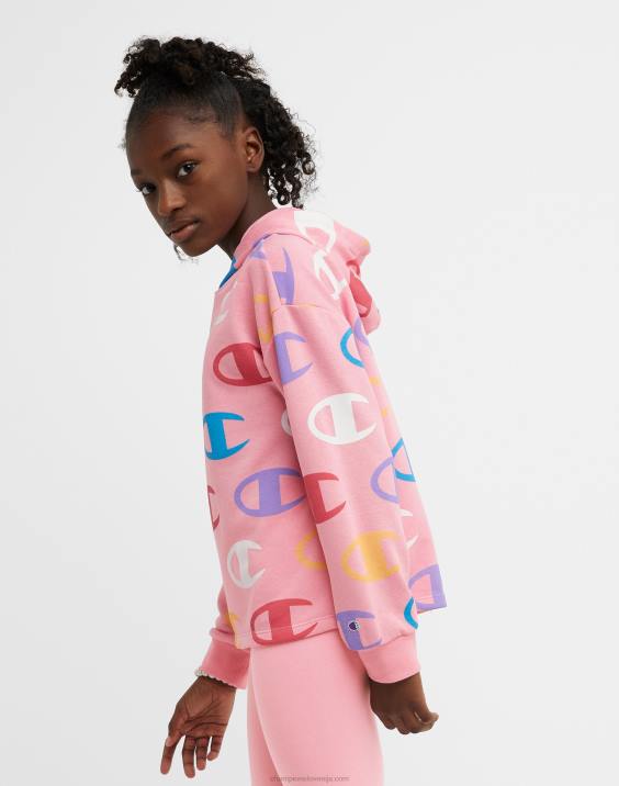 ChampionFrancoski pulover s kapuco iz frotirja za velika dekleta s klasičnim mavričnim napisom s prekrivnim c tiskom 2B841777 velik c aop roza