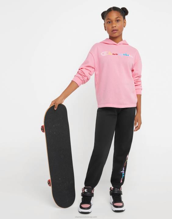 Championfrancoski frotirski pulover s kapuco za velika dekleta s klasičnim mavričnim scenarijem 2B841769 iskričasto roza