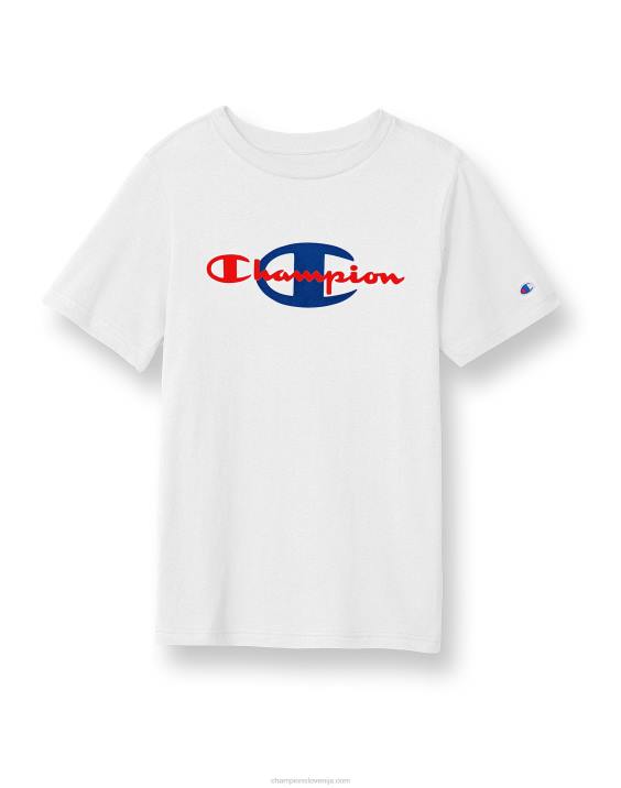 Championvelika otroška fantovska majica s kratkimi rokavi, napis nad velikim c 2B841851 bela