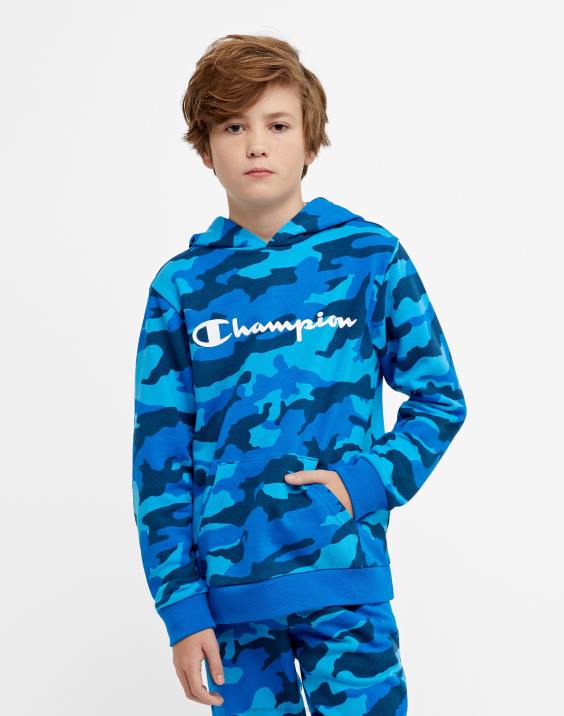 Championvelik otroški pulover s kapuco po celem kamuflažnem tisku z logotipom 2B841822 bozetto blue camo