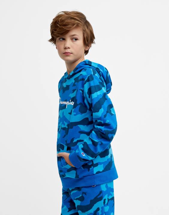 Championvelik otroški pulover s kapuco po celem kamuflažnem tisku z logotipom 2B841822 bozetto blue camo