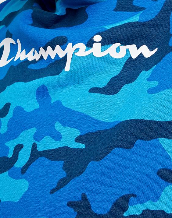 Championvelik otroški pulover s kapuco po celem kamuflažnem tisku z logotipom 2B841822 bozetto blue camo