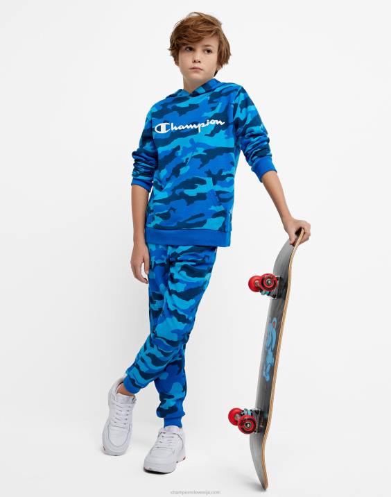 Championvelik otroški pulover s kapuco po celem kamuflažnem tisku z logotipom 2B841822 bozetto blue camo